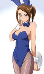  alternate_costume animal_ears arm_behind_back bad_id bad_pixiv_id bare_shoulders blue_bow blue_bowtie blue_leotard blush bow bowtie breasts brown_eyes brown_hair cleavage clenched_hand closed_mouth cowboy_shot detached_collar earrings fake_animal_ears fake_tail female fishnet_pantyhose fishnets from_side gradient_background hair_ornament hairband hand_on_own_cheek hand_on_own_face high_ponytail highleg highleg_leotard holding jewelry large_breasts leotard looking_at_viewer mature_female oimanji pantyhose playboy_bunny ponytail precure rabbit_ears rabbit_tail sasaki_namie short_hair short_ponytail sideboob sidelocks smile_precure solo strapless strapless_leotard swept_bangs tail tray white_background wrist_cuffs 