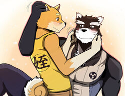  anthro bearlovestiger13 biceps black_body black_fur canid canine canis domestic_dog duo fur male mammal muscular muscular_male natsume_(tooboe_bookmark) nitobe pecs simple_background tooboe_bookmark 