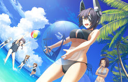  6+girls :d akatsuki_(kancolle) alternate_costume anchor_symbol ball beachball bikini breast_hold breast_press breasts brown_eyes brown_hair cleavage cleavage_cutout clothing_cutout cloud cloudy_sky commentary_request day eyepatch folded_ponytail from_behind grey_hair halo halterneck hibiki_(kancolle) highres ikazuchi_(kancolle) inazuma_(kancolle) kantai_collection large_breasts light_smile long_hair looking_at_another looking_at_viewer looking_up mechanical_halo multiple_girls ocean one-piece_swimsuit one_eye_closed open_mouth outdoors palm_leaf palm_tree parted_bangs ponytail purple_eyes purple_hair sakais3211 school_swimsuit short_hair side-tie_bikini_bottom sky small_breasts smile standing standing_on_liquid stomach swimsuit tatsuta_(kancolle) tenryuu_(kancolle) thighs tree white_bikini yellow_eyes 