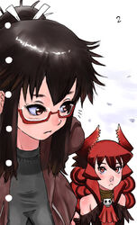  2girls age_regression aged_down bad_id bad_pixiv_id black_hair blush_stickers demon_girl elbow_gloves freckles from_above glasses gloves holding_hands hood hoodie horns lolicon long_hair looking_down maou_beluzel multiple_girls ponytail red-framed_eyewear red_eyes red_hair semi-rimless_eyewear snot under-rim_eyewear wattman wavy_hair yonezawa_natsumi yuusha_to_maou 