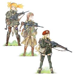  3girls american_flag assault_rifle backpack bad_id bad_pixiv_id bag battle_rifle beret blonde_hair boots brown_hair bullpup england english_text explosive facepaint famas fn_fal france grenade gun h&amp;k_xm8 hairband hat highres long_coat mars_expedition multiple_girls ponytail rifle satchel smoke_grenade special_air_service thighhighs twintails united_kingdom weapon y_(khakiyawn) yellow_eyes zettai_ryouiki 