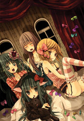  4girls bad_id bad_pixiv_id blonde_hair blue_hair bonnet camisole flower frederica_bernkastel furudo_erika grey_hair hair_ornament lambdadelta multiple_girls painttool_sai_(medium) ribbon ringo_komachi stuffed_animal stuffed_toy thighhighs twintails umineko_no_naku_koro_ni virgilia_(umineko) 