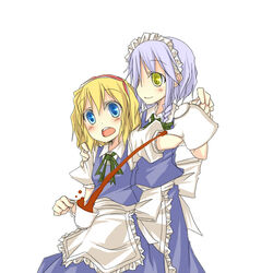  2girls :o alice_margatroid alternate_costume alternate_eye_color apron bad_id bad_pixiv_id blonde_hair blue_eyes decantering enmaided izayoi_sakuya light_purple_hair maid maid_headdress multiple_girls natsuk pouring smile touhou waist_apron yellow_eyes 