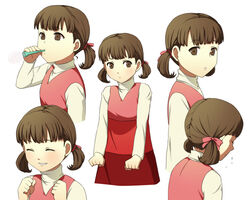  ^_^ bad_id bad_pixiv_id blowing brown_eyes brown_hair clenched_hands closed_eyes doujima_nanako female hair_ribbon koitsu_(blue) long_hair persona persona_4 reference_sheet ribbon simple_background skirt smile twintails white_background 