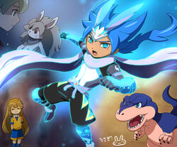  1boy bad_id bad_pixiv_id big_(inazuma_eleven) blue_eyes blue_hair brown_hair closed_eyes dinosaur fei_rune fei_rune_(mixi_max_big) female fusion green_hair inazuma_eleven_(series) inazuma_eleven_go inazuma_eleven_go_chrono_stone keshin_armed kousoku_toushi_robin_(armed) long_hair mizuhara_aki nanobana_kinako no_pupils open_mouth rabbit raimon smile soccer_uniform sportswear stuffed_animal stuffed_rabbit stuffed_toy tears 