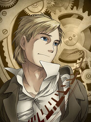  1boy alphonse_heiderich bad_id bad_pixiv_id blonde_hair blouse blue_eyes clockwork conqueror_of_shambala fullmetal_alchemist highres jacket looking_away male_focus parhart photoshop_(medium) serious shirt solo steampunk suspenders upper_body 