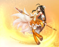  ara_haan armpits black_hair boots commentary_request detached_sleeves elsword english_text engrish_text female full_body gradient_background little_xia_(elsword) long_hair multiple_tails orange_background orange_eyes orange_footwear orange_skirt orange_sleeves orange_thighhighs photoshop_(medium) polearm polearm_behind_back ponytail ranguage riskyin skirt smile solo spear tail thigh_boots thighhighs very_long_hair weapon white_sleeves yellow_background zettai_ryouiki 