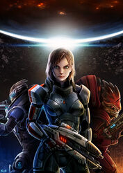  2012 2boys alien armor bail battle_rifle commander_shepard commander_shepard_(female) commentary_request female garrus_vakarian green_eyes gun highres krogan m-300_claymore m-8_avenger m-92_mantis mass_effect_(series) mass_effect_1 multiple_boys n7_armor photoshop_(medium) red_hair rifle scar short_hair shotgun sniper_rifle turian urdnot_wrex weapon 