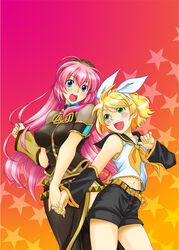  2girls blonde_hair blue_eyes commentary_request detached_sleeves fcmokuba gradient_background green_eyes hair_ornament hairband hairclip holding_hands kagamine_rin long_hair megurine_luka multiple_girls nail_polish navel open_mouth photoshop_(medium) pink_hair sailor_collar smile star_(symbol) starry_background very_long_hair vocaloid 