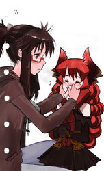  2girls age_regression aged_down bad_id bad_pixiv_id bare_shoulders black_hair blowing_nose blush closed_eyes demon_girl denim elbow_gloves freckles glasses gloves handkerchief hood hoodie horns jeans kneeling lolicon long_hair maou_beluzel multiple_girls pants ponytail red-framed_eyewear red_eyes red_hair semi-rimless_eyewear skirt tears under-rim_eyewear wattman wavy_hair yonezawa_natsumi yuusha_to_maou 