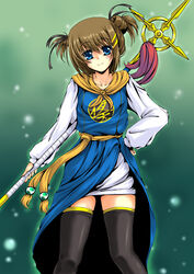  blue_eyes brown_hair colorized commentary_request cosplay crosier cross dragon_quest dragon_quest_iii female fighter_(dq3) fighter_(dq3)_(cosplay) frapowa hair_ribbon highres lyrical_nanoha mahou_shoujo_lyrical_nanoha_strikers photoshop_(medium) ribbon san-pon schwertkreuz short_hair short_twintails smile solo staff thighhighs twintails yagami_hayate zettai_ryouiki 