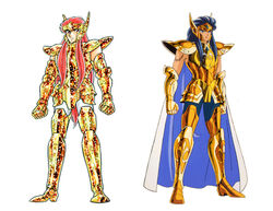  80s aquarius_camus araki_shingo armor blue_hair cape comparison full_body gold gold_saints himeno_michi knight kurumada_masami male_focus multiple_boys oldschool red_hair saint_seiya white_background zodiac 