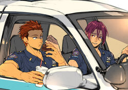  2boys car commentary_request dethmath doughnut food free! future_fish male_focus matsuoka_rin mikoshiba_seijuurou motor_vehicle multiple_boys orange_hair police police_uniform red_eyes red_hair smile uniform yellow_eyes 