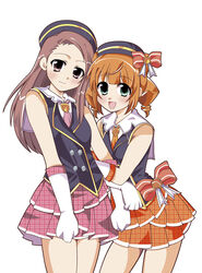  2girls brown_eyes brown_hair commentary_request gloves green_eyes hat idolmaster idolmaster_(classic) idolmaster_2 long_hair minamo_sakura minase_iori multiple_girls photoshop_(medium) plaid plaid_skirt schoolish_girl_(idolmaster) skirt takatsuki_yayoi twintails 