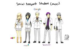  2girls 3boys commentary ebay english_commentary formal glasses google meryl_santos msn multiple_boys multiple_girls necktie personification school_uniform skirt suit thighhighs wikipedia yahoo! 