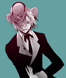  1boy animal_ears bad_id bad_pixiv_id badge blood blue_background fingernails formal grin hair_over_one_eye hat heart_no_kuni_no_alice hirota_yoda long_sleeves looking_at_viewer male_focus monochrome mouse_ears necktie pierce_villiers simple_background smile solo suit 