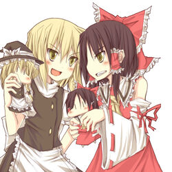  2girls blonde_hair brown_eyes character_doll commentary_request doll hakurei_reimu kirisame_marisa multiple_girls natsuk touhou yellow_eyes 