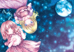  2girls colored_pencil_(medium) commentary_request dress full_moon futami_yayoi hat hat_on_chest maribel_hearn mixed_media moon multiple_girls rotational_symmetry sky star_(sky) starry_sky touhou traditional_media unworn_hat unworn_headwear usami_renko 