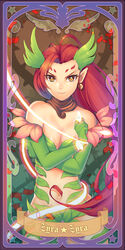  bare_shoulders breasts character_name choker cleavage commentary_request dakun female league_of_legends long_hair medium_breasts navel photoshop_(medium) plant pointy_ears red_hair smile solo vines yellow_eyes zyra 