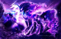  2015 absurd_res alicorn aquagalaxy building cosmic_hair cosmos cutie_mark duo equid equine ethereal_hair feathered_wings feathers female feral friendship_is_magic hasbro hi_res hooves horn house light magic mammal mane moon mountain my_little_pony mythological_creature mythological_equine mythology planet princess_luna_(mlp) pseudo_hair shield sparkles star tantabus town wings 