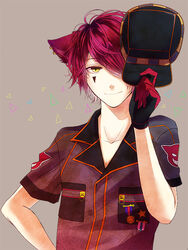  1boy animal_ears baa_lamb bad_id bad_pixiv_id badge boris_airay cat_boy cat_ears ear_piercing gloves hair_over_one_eye hat heart_no_kuni_no_alice jewelry male_focus piercing pink_hair smile solo tattoo yellow_eyes 