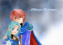  1boy aqua_hair armor blue_eyes cape christmas couple eliwood english female fingerless_gloves fiora fiora_(fire_emblem) fire_emblem fire_emblem:_rekka_no_ken fire_emblem_blazing_sword gift gloves green_hair hand_on_shoulder happy headband long_hair merry_christmas open_mouth pegasus_knight present red_hair short_hair snow snowing tiara 