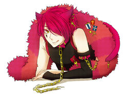  1boy animal_ears baa_lamb bad_id bad_pixiv_id badge boris_airay cat_boy cat_ears chains collar ear_piercing feather_boa gloves hair_over_one_eye heart_no_kuni_no_alice jewelry piercing pink_hair short_hair smile tail tattoo tongue yellow_eyes 