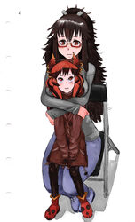  2girls age_regression aged_down bad_id bad_pixiv_id black_hair blush boots demon_girl denim freckles glasses hair_ribbon horns hug hug_from_behind jeans lolicon long_hair maou_beluzel multiple_girls oversized_clothes pants pantyhose ponytail red-framed_eyewear red_eyes red_hair ribbon semi-rimless_eyewear sitting sitting_on_lap sitting_on_person under-rim_eyewear wattman wavy_hair yonezawa_natsumi yuusha_to_maou 