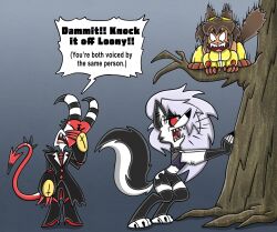  2026 anthro armor armwear barking blitzo_(helluva_boss) boots bottomwear breasts brown_hair canid canid_demon canine clothing demon digital_media_(artwork) domestic_cat duo elbow_gloves english_text facepalm felid feline felis female footwear fur gameoverse gauntlets glitch_productions gloves grey_body grey_fur grey_hair hair handwear hellaverse hellhound helluva_boss hi_res hissing imp kit_bodega leggings legwear loona_(helluva_boss) male mammal mythological_canine mythological_creature mythology navel open_mouth pants plant red_body red_sclera shinragod shoes speech_bubble suit teeth text topwear tree voice_actor_joke white_body white_eyes white_fur 
