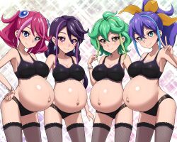  4girls akai_(riaakai) big_belly black_bra black_hair black_panties black_thighhighs blue_eyes bra breasts brown_eyes closed_mouth commentary_request green_hair hand_on_own_hip highres hiiragi_yuzu kurosaki_ruri lace-trimmed_bra lace-trimmed_panties lace-trimmed_thighhighs lace_trim long_hair medium_breasts multiple_girls outie_navel panties pink_hair ponytail pregnant purple_hair rin_(yu-gi-oh!) serena_(yu-gi-oh!) smile standing thighhighs underwear v yu-gi-oh! yu-gi-oh!_arc-v 