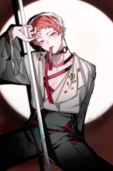  1boy arm_up b_o_w_(ensemble_stars!) black_pants blush commentary_request earrings ensemble_stars! fingernails floral_print flower highres itsuki_shu jewelry long_sleeves looking_at_viewer male_focus mouth_hold official_alternate_costume pants pink_hair pole purple_eyes red_ribbon ribbon rose short_bangs short_hair solo sweat toufu_(v_d502) twitter_username 