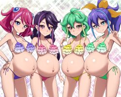  4girls akai_(riaakai) big_belly bikini black_hair blue_eyes breasts brown_eyes closed_mouth commentary_request green_bikini green_hair hand_on_own_hip highres hiiragi_yuzu kurosaki_ruri long_hair medium_breasts multiple_girls outie_navel pink_bikini pink_hair ponytail pregnant purple_bikini purple_hair rin_(yu-gi-oh!) ruffle_bikini serena_(yu-gi-oh!) smile standing swimsuit v yellow_bikini yu-gi-oh! yu-gi-oh!_arc-v 