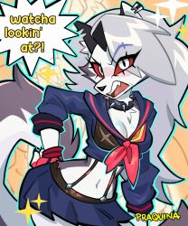  angry animal_ears animal_nose artist_name blush body_fur breasts cleavage collar colored_sclera cosplay earrings embarrassed female fingerless_gloves furry furry_female gloves grey_fur grey_hair hand_on_own_hip hellaverse helluva_boss highres jewelry kill_la_kill large_breasts long_hair looking_at_viewer loona_(helluva_boss) matoi_ryuuko matoi_ryuuko_(cosplay) midriff navel oerba_yun_fang praquina red_scarf red_sclera scarf senketsu skirt snout sparkle speech_bubble spiked_collar spikes suspenders tail two-tone_fur white_eyes white_fur wolf_ears wolf_girl wolf_tail 