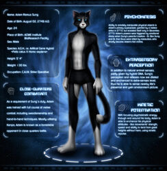  2012 adam_sung anthro black_body black_fur blue_eyes clothed clothing dan_scarlet domestic_cat felid feline felis fur hi_res looking_at_viewer male mammal model_sheet pink_nose science_fiction skinny solo superhero superpowers text topless underwear white_body white_fur 