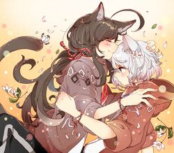  2boys absurdres ahoge animal_ears bad_id bad_pixiv_id black_hair bug butterfly cat_ears cat_tail closed_eyes flower highres hiro_(14806390) honebami_toushirou hood hoodie kemonomimi_mode male_focus multiple_boys namazuo_toushirou petals ponytail purple_eyes smile tail touken_ranbu white_hair 