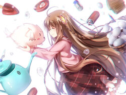  absurdly_long_hair ahoge animal braid brown_hair chibi-moth chromatic_aberration closed_eyes commentary_request egg female floating_hair flower from_side hair_flower hair_ornament kanbe_kotori lliissaawwuu2 long_hair long_skirt pink_sweater red_skirt rewrite simple_background skirt solo sweater tears very_long_hair white_background 