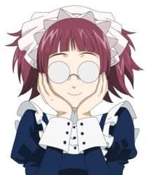  adoroloble artist_request blush check_artist commentary_request female glasses highres kuroshitsuji maid maid_headdress meirin_(kuroshitsuji) opaque_glasses red_hair short_hair short_twintails smile solo toboso_yana transparent_background twintails upper_body vector_trace 