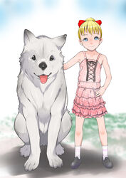  accessory blonde_hair blue_eyes bow_(feature) bow_accessory bow_ribbon canid canine canis clothed clothing domestic_dog duo female feral fur hair hair_accessory hair_ribbon hairbow human j7w looking_at_viewer male mammal ribbons white_body white_fur young young_human 