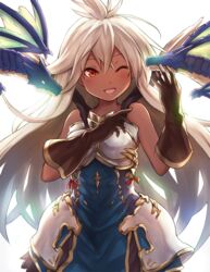  ;d ahoge armor armored_dress blue_dress blush commentary_request dark-skinned_female dark_skin dragon dress female gloves granblue_fantasy leather leather_gloves long_hair one_eye_closed open_mouth red_eyes shishikai simple_background smile solo white_background white_hair zooey_(granblue_fantasy) 