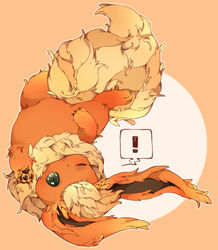  ! absurdres bad_id bad_pixiv_id flareon green_eyes highres hiro_(14806390) lying no_humans on_back one_eye_closed pokemon pokemon_(creature) spoken_exclamation_mark 