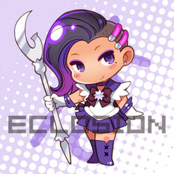  bishoujo_senshi_sailor_moon boots bow brooch chibi color_connection commentary cosplay dark-skinned_female dark_skin earrings eclosion elbow_gloves eyeshadow female full_body glaive_(polearm) gloves halftone halftone_background holding holding_polearm holding_weapon jewelry knee_boots long_hair looking_at_viewer lowres magical_girl makeup mole mole_under_eye no_nose overwatch overwatch_1 photoshop_(medium) polearm purple_background purple_bow purple_eyes purple_footwear purple_hair purple_sailor_collar purple_skirt purple_theme sailor_collar sailor_saturn sailor_saturn_(cosplay) sailor_senshi_uniform saturn_symbol silence_glaive skirt smile solo sombra_(overwatch) standing star_brooch weapon white_background white_gloves 