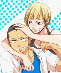  1boy bare_shoulders blonde_hair breasts brother_and_sister brown_eyes buzz_cut cleavage female grey_hair grin haikyuu!! open_mouth piercing short_hair siblings smile tanaka_ryuunosuke tanaka_saeko_(haikyuu!!) 