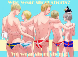  5boys ahoge animal animal_on_head ass ass_focus axis_powers_hetalia back bird bird_on_head blonde_hair blue_eyes canine commentary_request danish_flag danish_flag_print denmark_(hetalia) english_text finland_(hetalia) finnish_flag_print flag_print from_behind grey_hair hana-tamago iceland_(hetalia) icelandic_flag icelandic_flag_print male_focus male_swimwear multiple_boys norway_(hetalia) norwegian_flag norwegian_flag_print on_head print_swimsuit puffin purple_eyes sweden_(hetalia) swedish_flag swedish_flag_print swim_briefs swimsuit typo x_anus yancha_(snzk) 