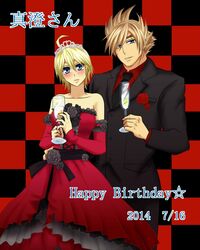  1boy ahoge blonde_hair blue_eyes blush boutonniere champagne_flute checkered_background commentary_request cup detached_sleeves dress drinking_glass female flower formal happy_birthday housen_natsuki lars_alexandersson leo_kliesen necktie red_dress rose short_hair spiked_hair strapless strapless_dress suit tekken tiara 