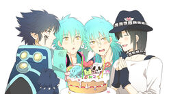  4boys bad_id bad_pixiv_id birthday_cake black_hair blue_hair cake canine dramatical_murder dual_persona fingerless_gloves food gloves hat multiple_boys own_hands_together photoshop_(medium) ren_(dramatical_murder) sei_(dramatical_murder) seragaki_aoba smile sora08 yellow_eyes 