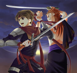  2boys arc_(arc_the_lad) arc_the_lad arc_the_lad_ii brown_hair highres multiple_boys red_hair sword tosh_(arc_the_lad) weapon 