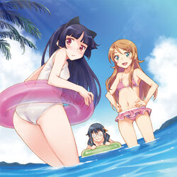  3girls :&lt; :3 :d @_@ animal_ears bad_id bad_pixiv_id bikini black_hair blue_eyes blue_hair brown_hair cat_ears coke-bottle_glasses commentary_request day dutch_angle glasses gokou_ruri hands_on_own_hips inato_serere innertube kousaka_kirino long_hair looking_back makishima_saori mole mole_under_eye multiple_girls navel one-piece_swimsuit open_mouth ore_no_imouto_ga_konna_ni_kawaii_wake_ga_nai outdoors photoshop_(medium) red_eyes revision school_swimsuit skirt smile swim_ring swimsuit twintails wading white_one-piece_swimsuit 