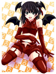  1boy :d aikawa_kizuna alternate_costume androgynous asymmetrical_hair bare_shoulders bat_wings black_eyes black_hair bulge checkered_background commentary_request elbow_gloves garter_belt gloves hair_ornament hair_ribbon hairclip head_wings male_focus mars_symbol midriff misakana navel open_mouth otoko_no_ko prunus_girl red_gloves red_thighhighs ribbon shadow shorts side_ponytail sitting smile solo thighhighs venus_symbol wings 