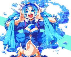  ars_goetia blue_eyes blue_hair breasts cleavage commentary_request demon_girl female kyousaku medium_breasts midriff mygrimoire navel open_mouth solo vepar_(mygrimoire) 