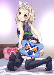  bed blonde_hair bodysuit butt_crack commentary_request covering_ass covering_privates female from_behind full_body green_eyes grey_bodysuit hairband highres kantai_collection kneeling looking_at_viewer looking_back luigi_torelli_(kancolle) mizushiro_takuya no open_mouth short_hair signature solo thighhighs torn_clothes translated white_hairband yes yes-no_pillow 